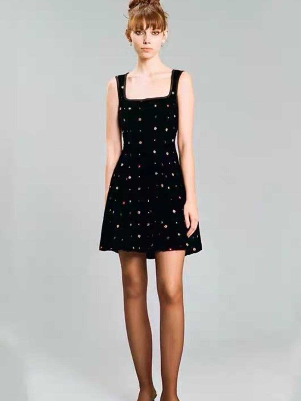 Black Sleeveless Square-Neck Mini Dress with Subtle Embellishments